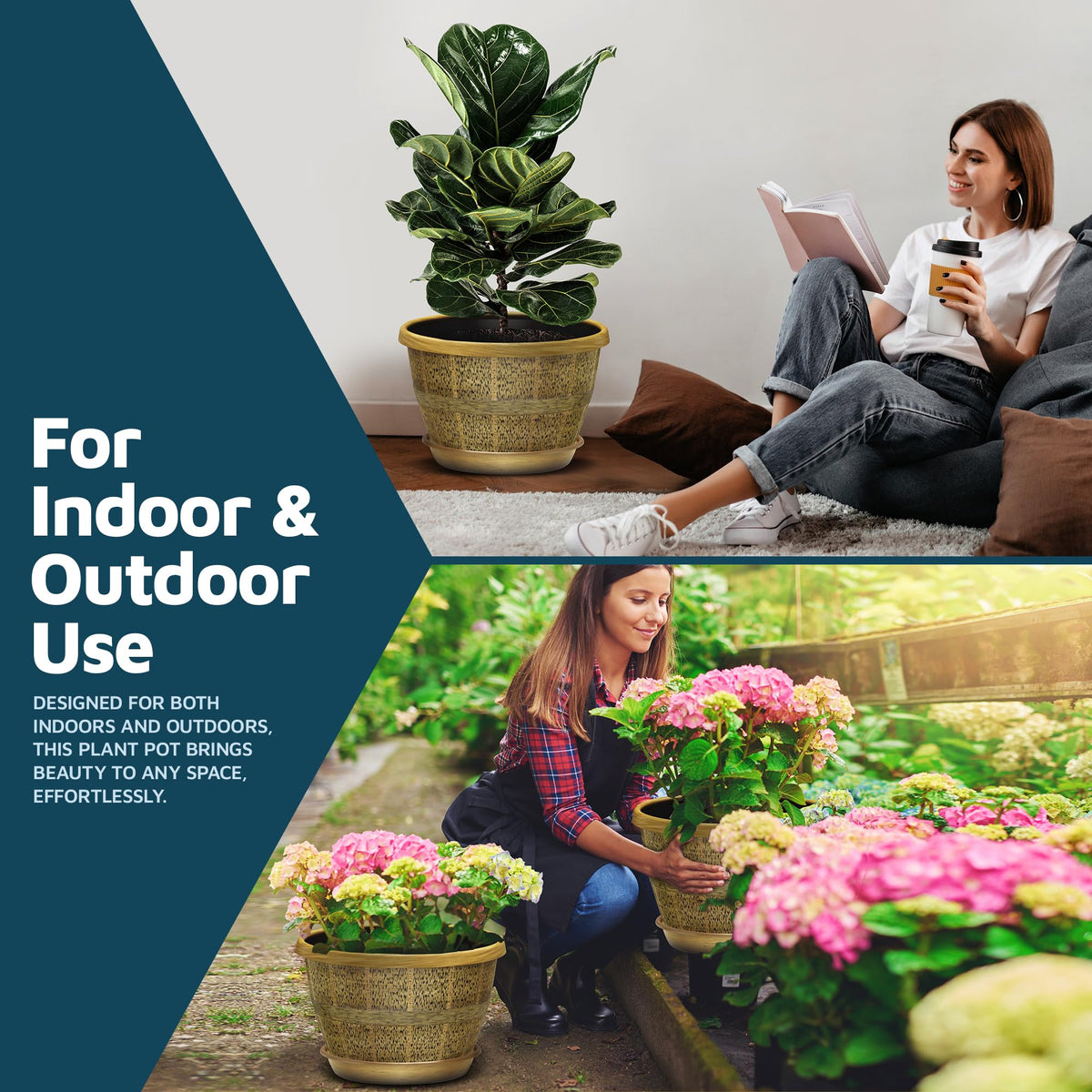 10-Inch Whiskey Barrel Planters Outdoor Pack of 25 - Durable Plastic Plant Pots for Indoor & Outdoor Use with Drainage & Saucer, Lightweight Rustic Barrel Planters for Flowers, Herbs & Small Plants