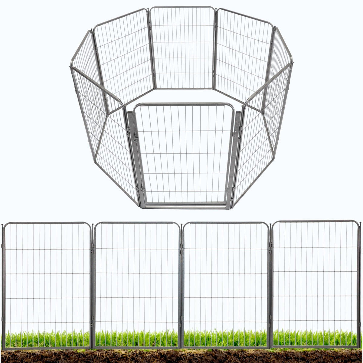 Kozy Kennels Decorative Outdoor Garden Fence - 40in, 8 Panels - Grey Heavy Duty Metal Fencing w/Anti-Rust Coating & Extra Wide Gate for Yard, Flower Bed Border, Dog & Animal Barrier