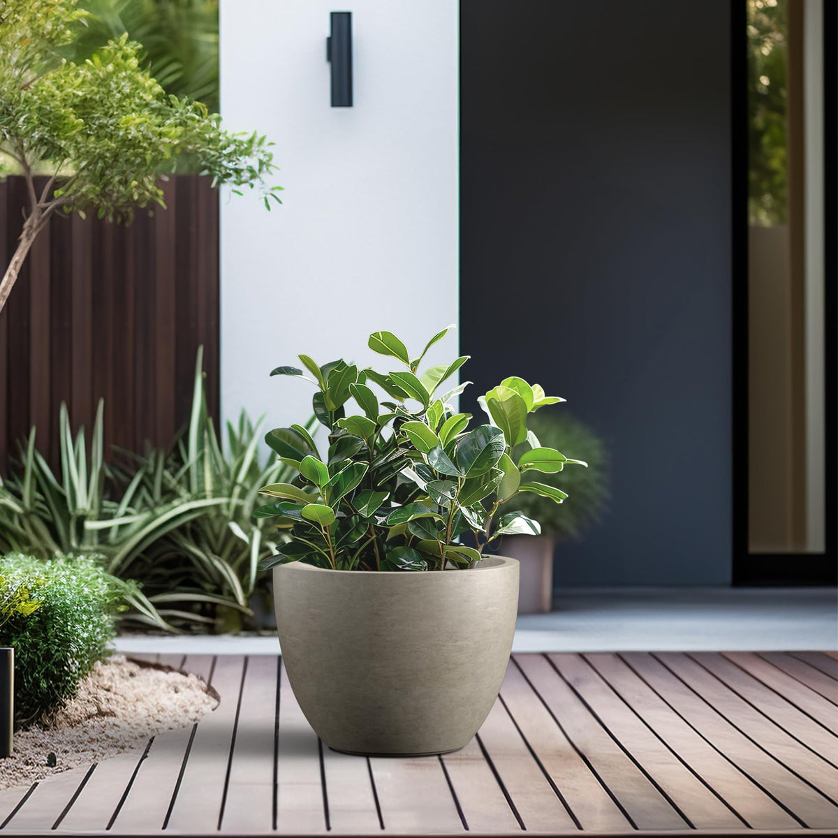 Kante 14.2 Inch Round Concrete Planter - Classic Large Indoor/Outdoor Plant Pot with Drainage Hole and Rubber Plug, Suitable for Gardens and Patios, Weathered Concrete