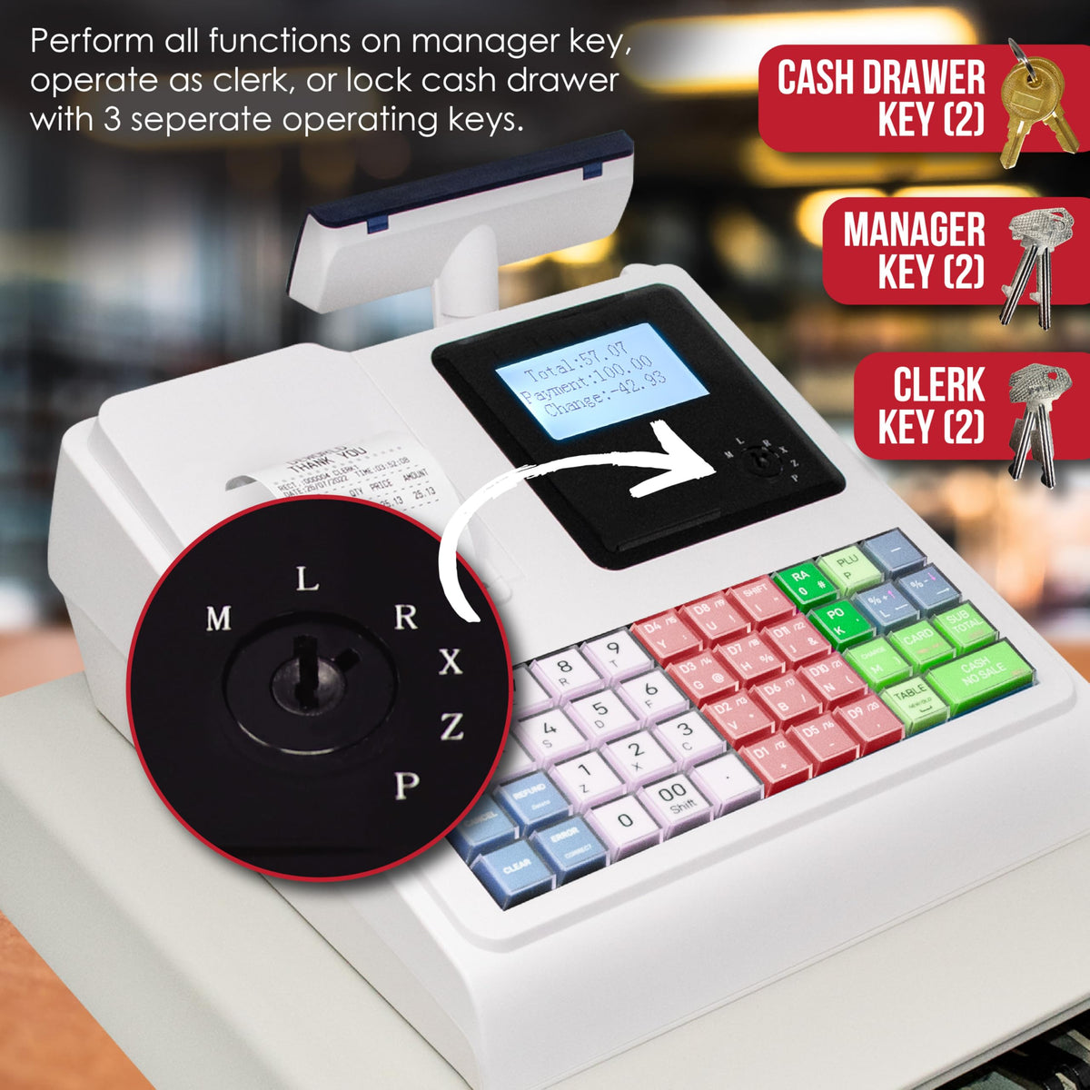 Cash Register for Small Businesses, 50 Dept 50 Clerks, 4700 Lookups Quick Load Thermal Printer, Steel Cash and Coin Drawer, White