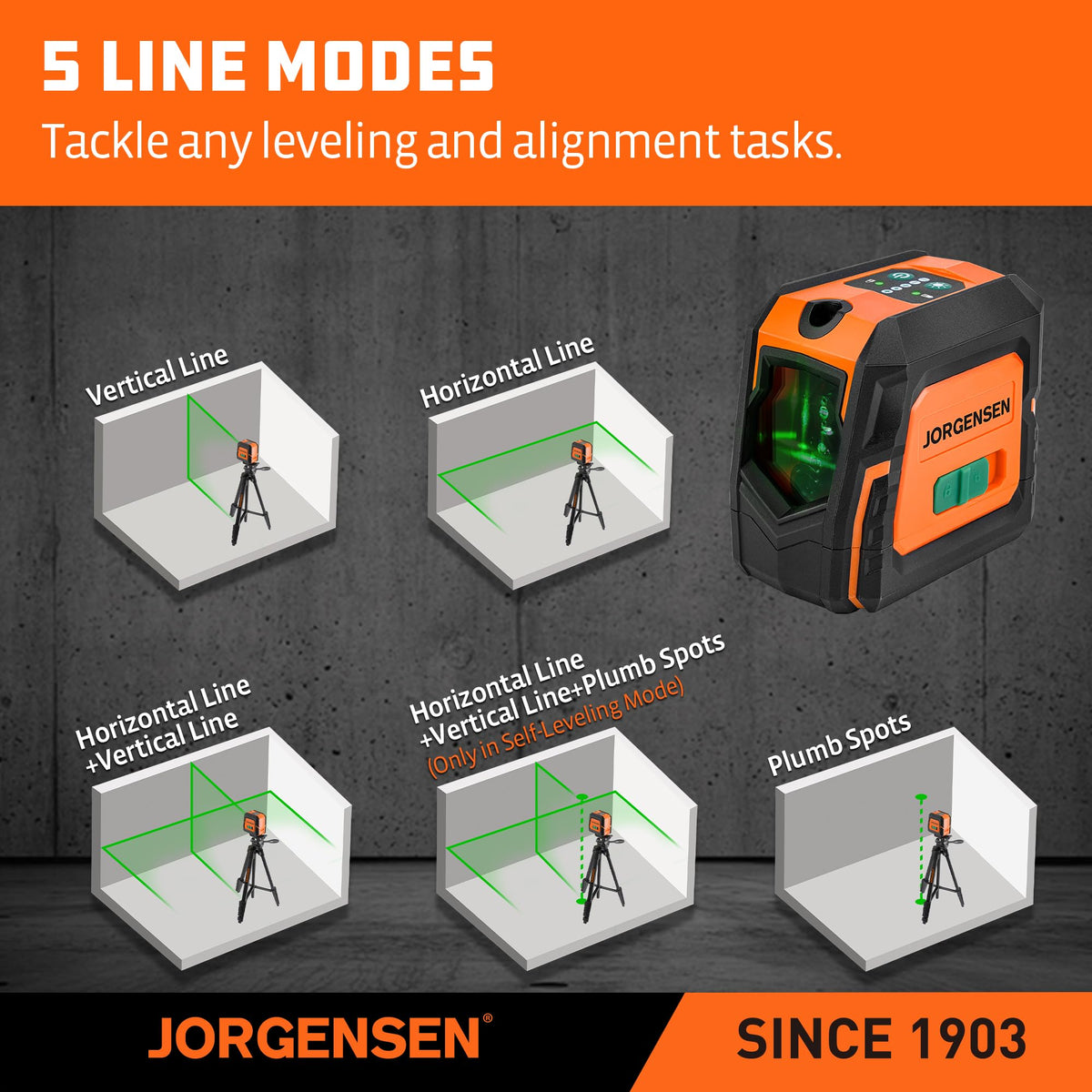 JORGENSEN Laser Level with Tripod & 2 Plumb Dots, 100 FT Self Leveling Point Cross Line Laser Leveler Tool, Wide Angle Green Laser Level for Picture Hanging, Indoor Project, Construction, Carry Bag