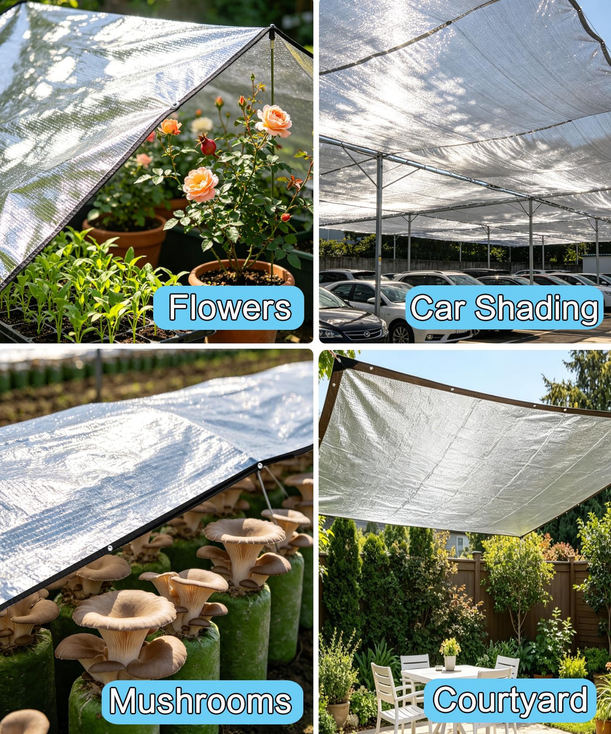 70% Aluminum Shade Cloth for Garden 20 FT x 20 FT, Durable Mesh Silver Tarps with Grommets and Ball Bungee,Reflective Sun Shade Net Cover for Pet Shade, RV & Car Shades, Patio, Pergola, Plants, Pools