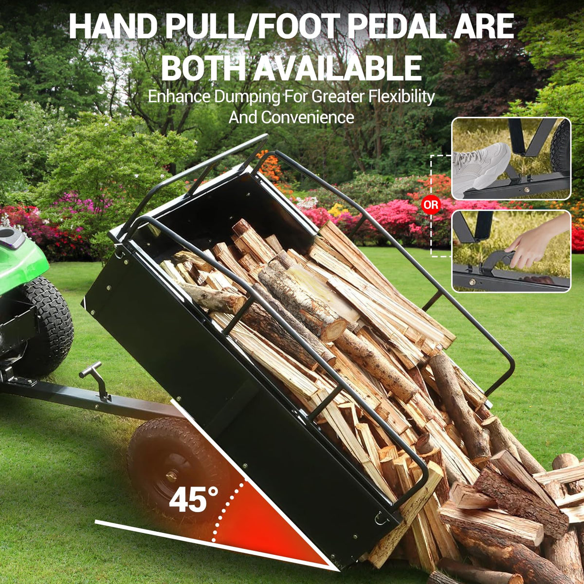 750 LBS Utility Trailer, 15 Cu.Ft Heavy Duty Steel Dump Cart Garden Trailer, with Removable Sides, Hand Pull & Foot Pedal Wagon for ATV, UTV, Lawn Mower, Tractor, Multipurpose Yard Trailer, Black