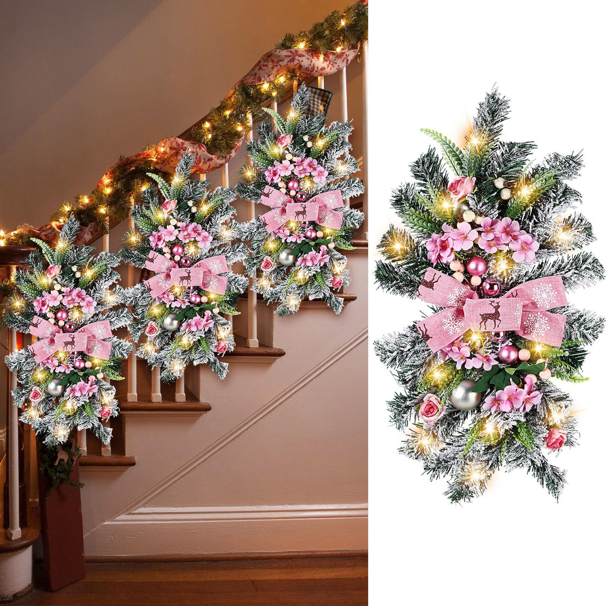 Lyrow 4 Pcs Cordless Prelit Christmas Artificial Swags 24" Xmas Stairway Swag Teardrop Trim with Timer Christmas Staircase Decoration Battery Operated Garland for Indoor Outdoor Railing Decor, Pink