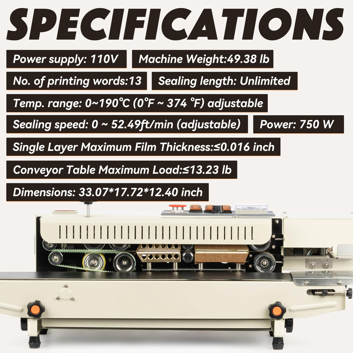 U.S. Solid Continuous Bag Band Inflation Sealer Sealing Machine, Automatic Horizontal Band Sealer with Digital Temperature Control for PVC Bags Films Stamp Coding 110V
