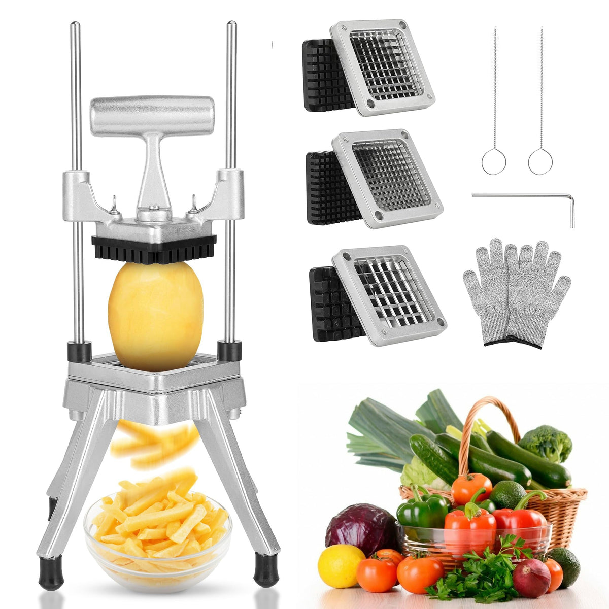 WICHEMI Commercial Chopper Vegetable Cutter Fruit Dicer w/3 Blades Commercial Onion Chopper Dicer Professional Food Dicer Heavy Duty Stainless Steel French Fry Cutter for Home Kitchen Restaurant Use