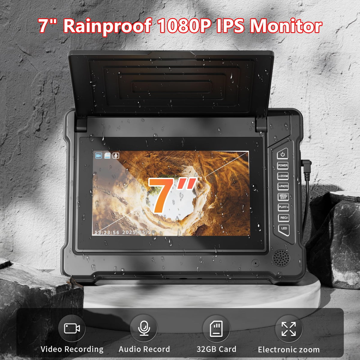 Sewer Camera 100ft/30M 7" Rainproof IPS Screen Pipe Drain Inspection Camera DVR Recorder with Meter Marker 23MM 1080P Industrial Borescope 32G Card for Drain Pipe Plumbing