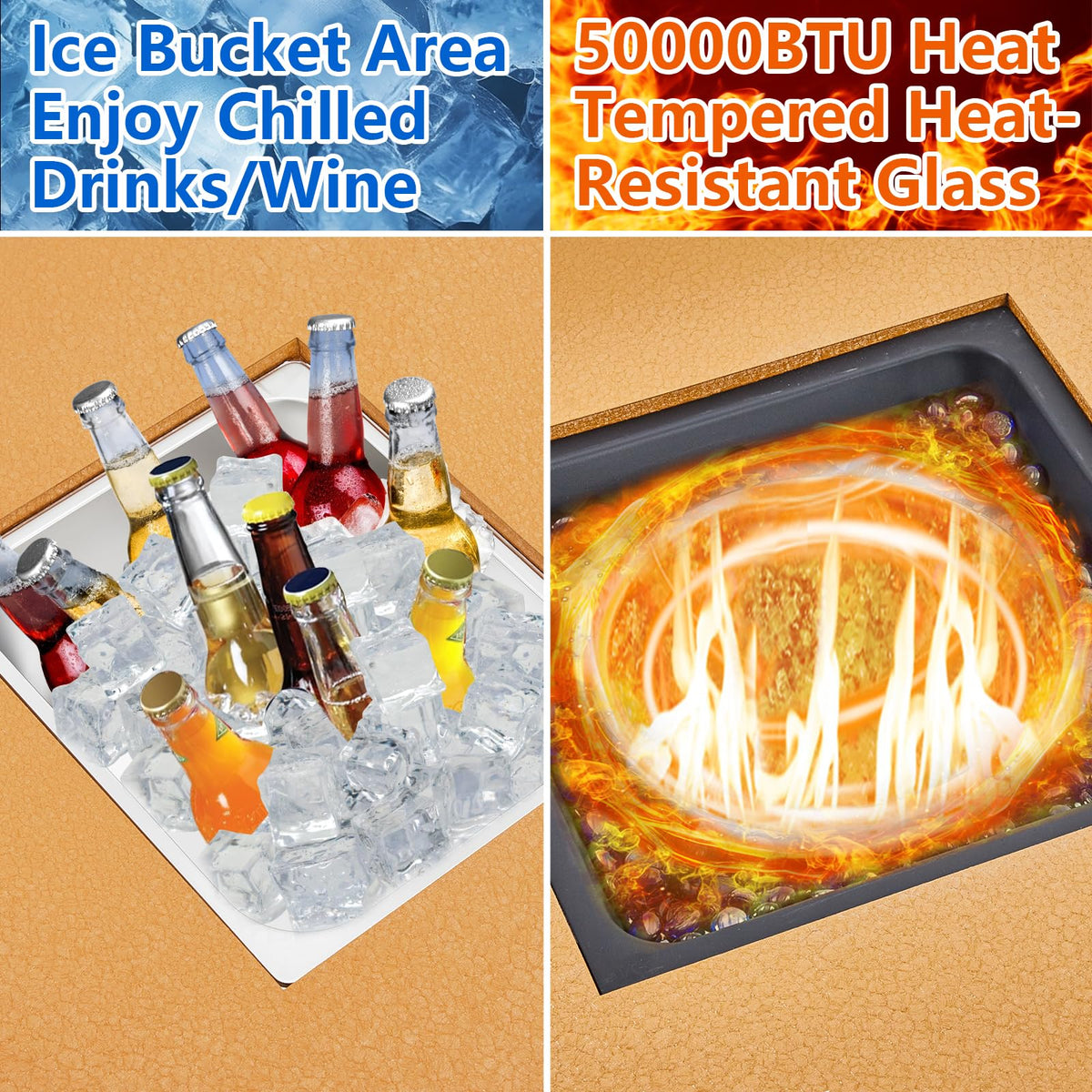 GarveeLife 56" Propane Fire Pit Table with Ice Bucket，50000BTU Fire Table with 13" Square Drink Ice Bucket Wind Guard, Fire Glass Beads & CSA Safety Certified Outdoor Firepit for Patio Garden(Orange)