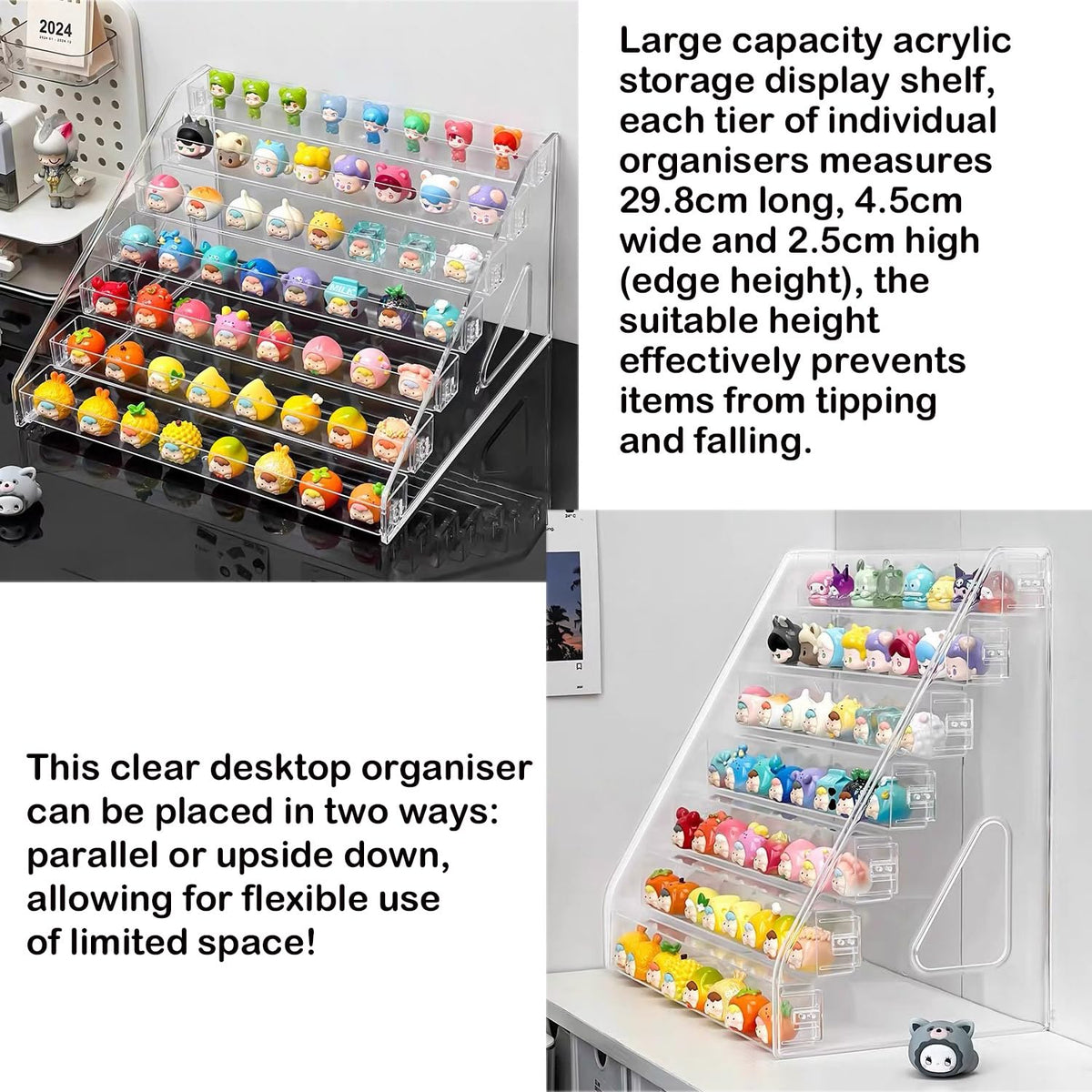 5 Tier Acrylic Display Stand Organiser with Fences, No Assembly Perfume Stand Organiser, Clear Display Shelf for Home, Office, Retail for Funko Figures Toys Cupcake Food, Cologne, Cosmetics, Storage