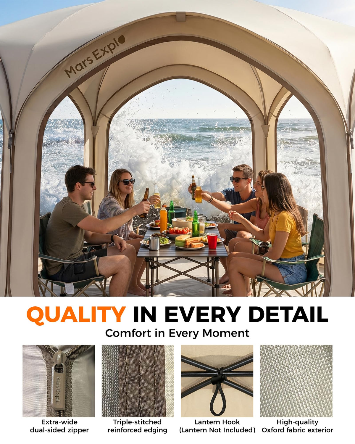 Mars Explo 12x12 FT Pop-Up Screen Tent, Portable Screen Room Canopy with Zipper Doors for Patio, Backyard, Deck & Outdoor Activities, Beige