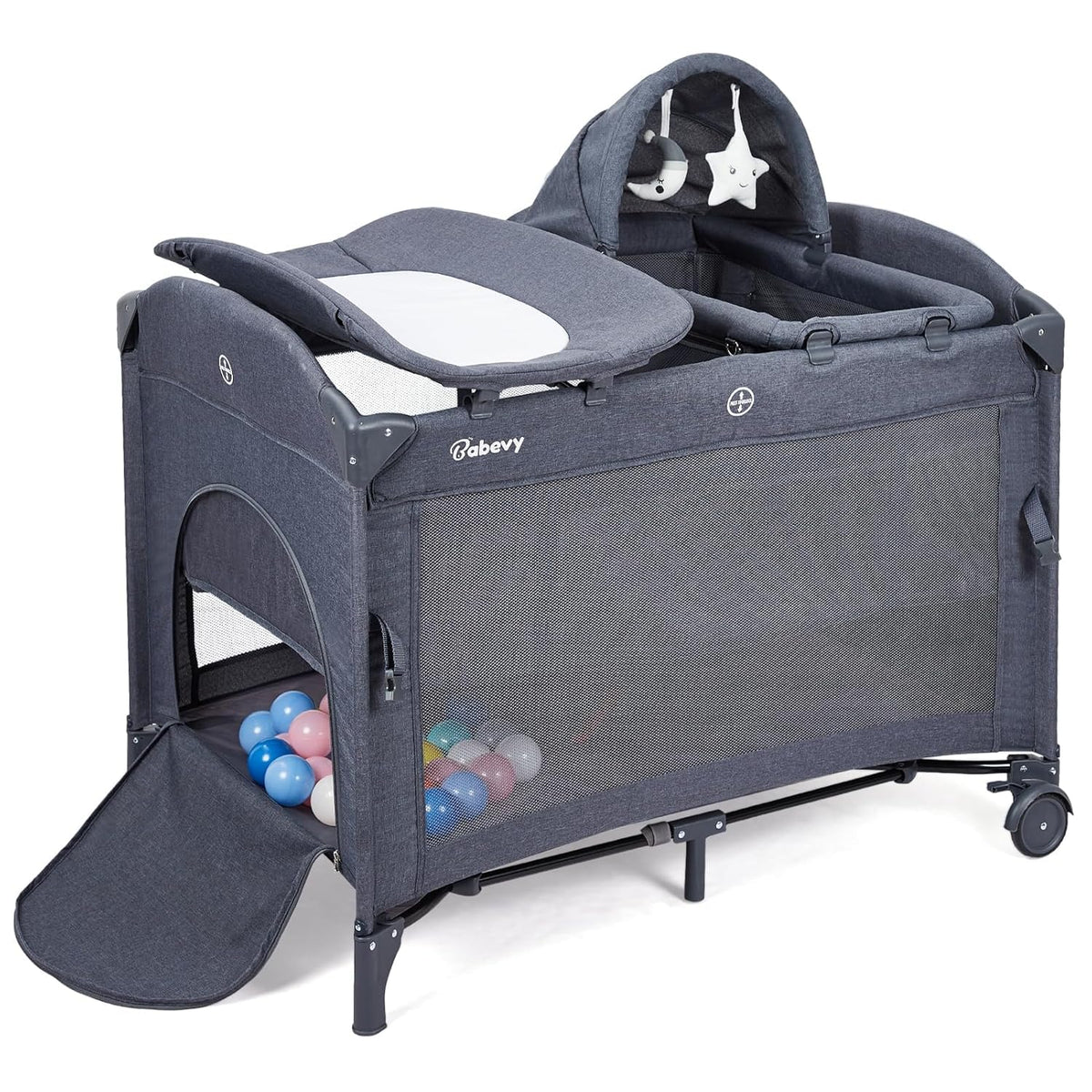5 in 1 Pack and Play Bedside Sleeper with Bassinet, Diaper Changer & Hanging Toy, Portable Crib Nursery Center for Newborns to Toddlers, Grey