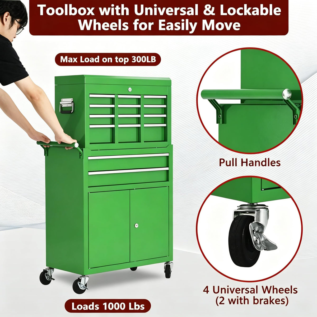 8-Drawer Rolling Tool Chest, 2-in-1 High Capacity Tool Storage with Detachable Top Cabinet, Locking System, Wheels and Liners for Garage, Workshop, Green