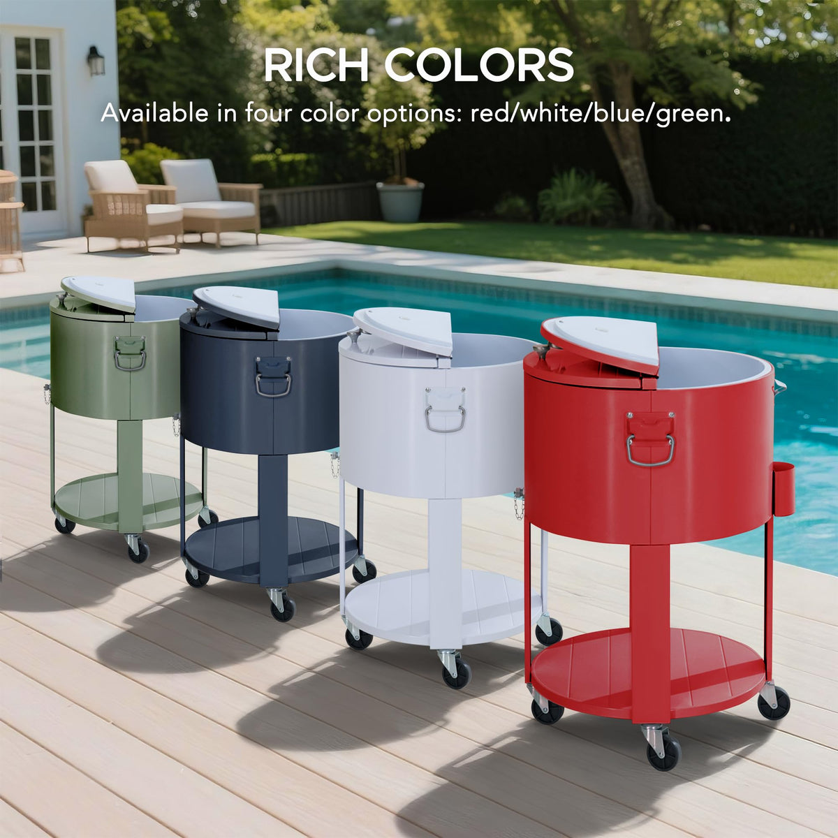 SUNJOY 60 Quart Rooling Ice Chest Cooler Cart, Portable Patio Party Bar Drink Cooler Cart, Beverage Bar with Bottle Opener and Shelf, White