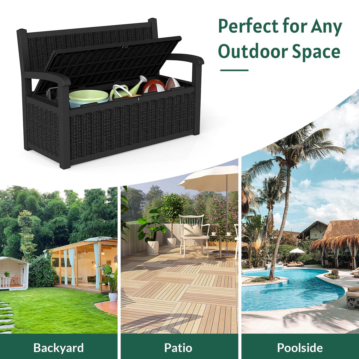 Skepphlay 70 Gallon Outdoor Storage Bench, Deck Box Bench with Armrest, Lockable Outside Benches with Storage, Deck Boxes Waterproof for Pool Patio Garden (Black)