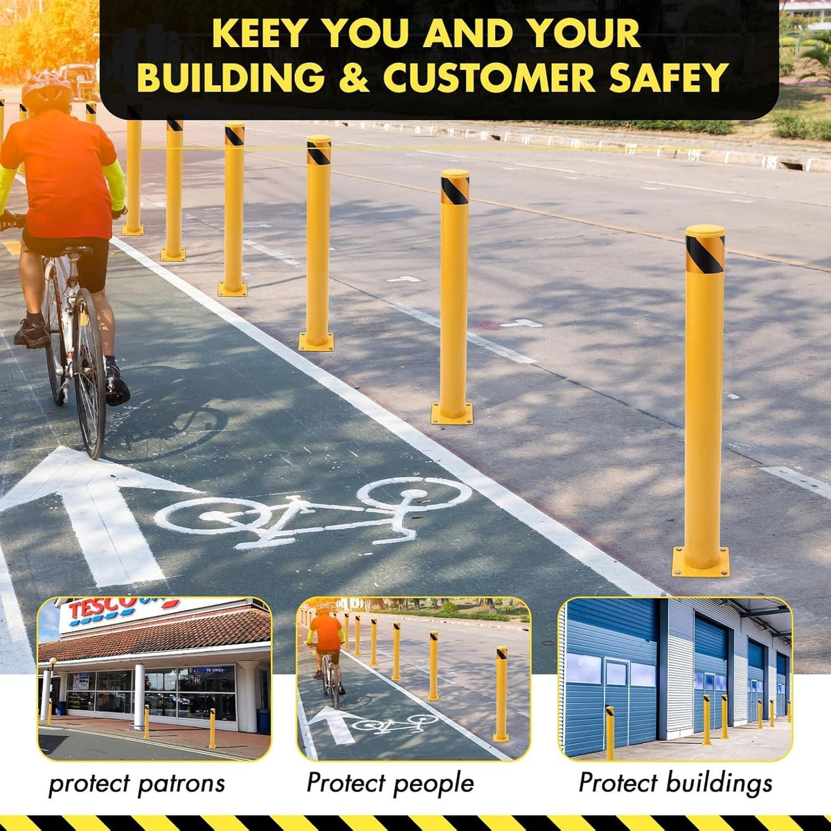 Safety Bollard 6 Packs, EliteEdge 48 Inch Height Bollard Post, 4.5 Inch Diameter Steel Pipe Safety Bollard Post, 8 Anchor Bolts, for Traffic Control, Driveway Barrier, Parking Pole