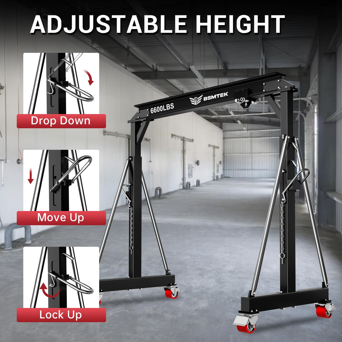 BSMTEK 3 Ton 6600LBS Gantry Crane, Upgraded Trolley, Adjustable Height (8.53-12.47 FT), Width (8.53 FT), Steel I-Beam Construction, Portable Shop Hoist for Factory, Warehouses, Repair