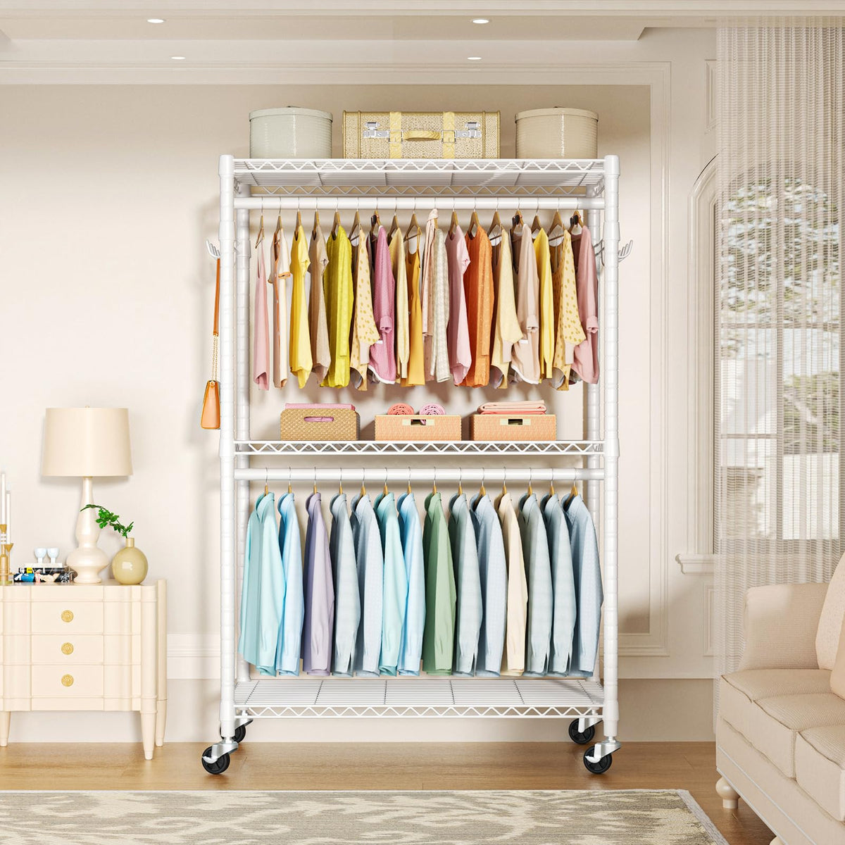 FUTASSI P1 Plus Rolling Clothes Rack, 22mm Diameter Heavy Duty Garment Rack with Wheels, Portable Closet Wardrobe with Double Rods, 45" W x 17.7" D x 80.5" H, Max Load 524 LBS, White