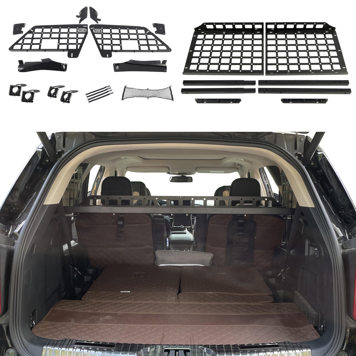 2020-2024 for Ford Explorer Modular Storage Panel Shelf Modification Molle Panel Rear Trunk Debris Rack Storage Carrier Trunk Organizer Kit Black Aluminum Alloy