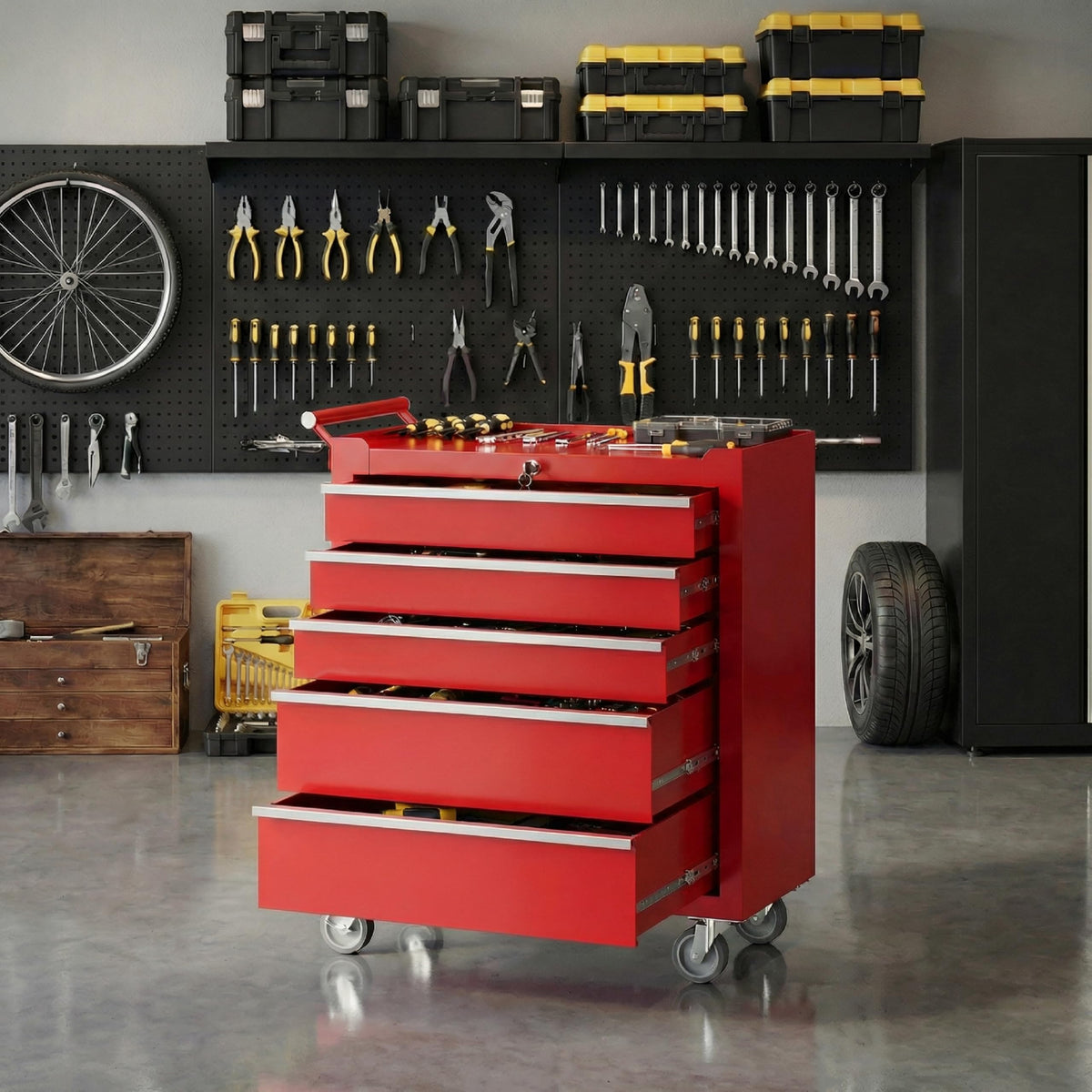 PeakPursuit 5-Drawers Rolling Tool Chest, Portable Tool Box with Wheels and Lock System, Secure Storage Cabinet for Warehouse, Workshop, and Repair Shop, Red
