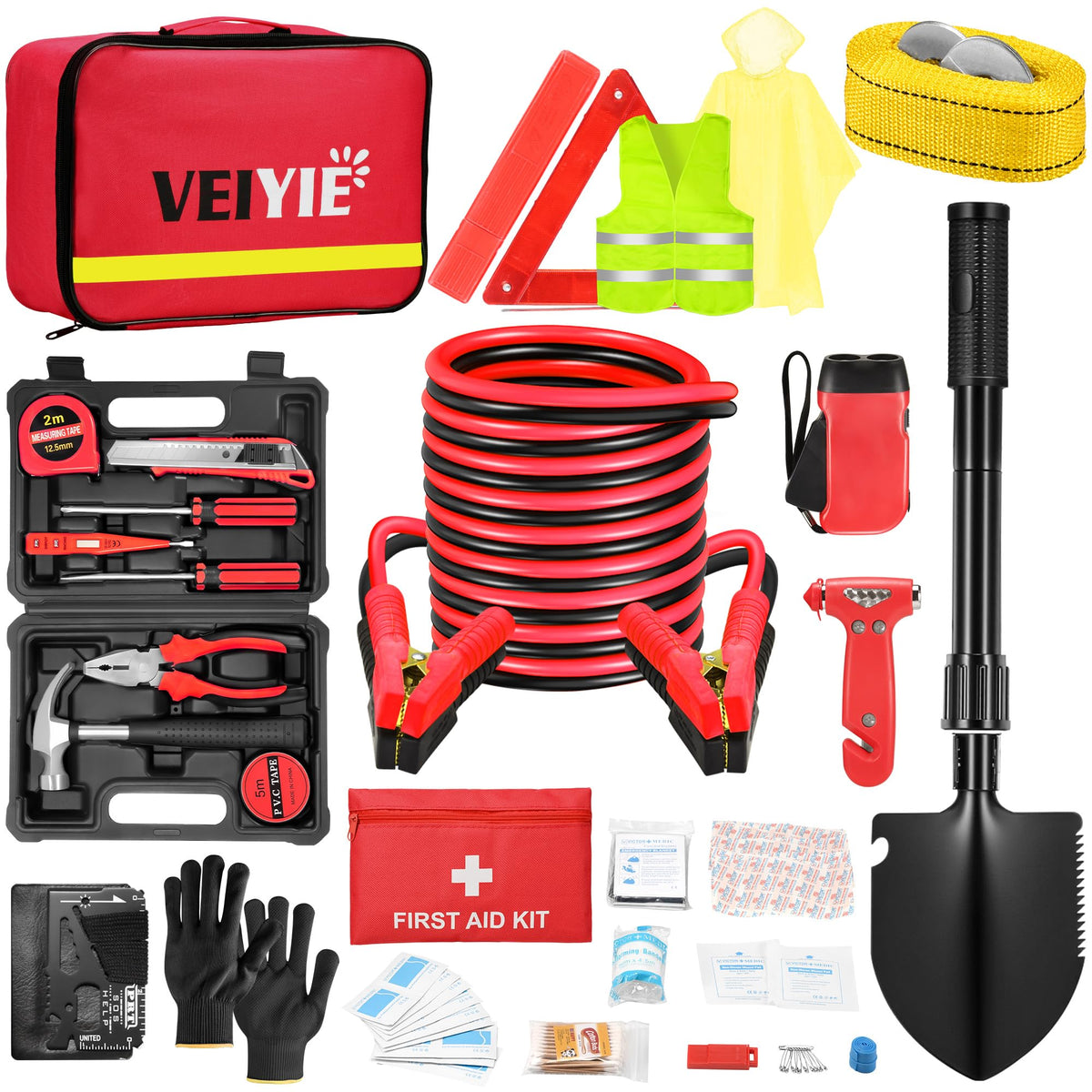 Roadside Emergency Car Kit for Vehicles, Pink Car First Aid Kit Emergency Kit with Jumper Cables, Car Safety Kits, Tow Strap, Tool Kit, Road Trip Assistance for Men, Women, New Driver Gifts