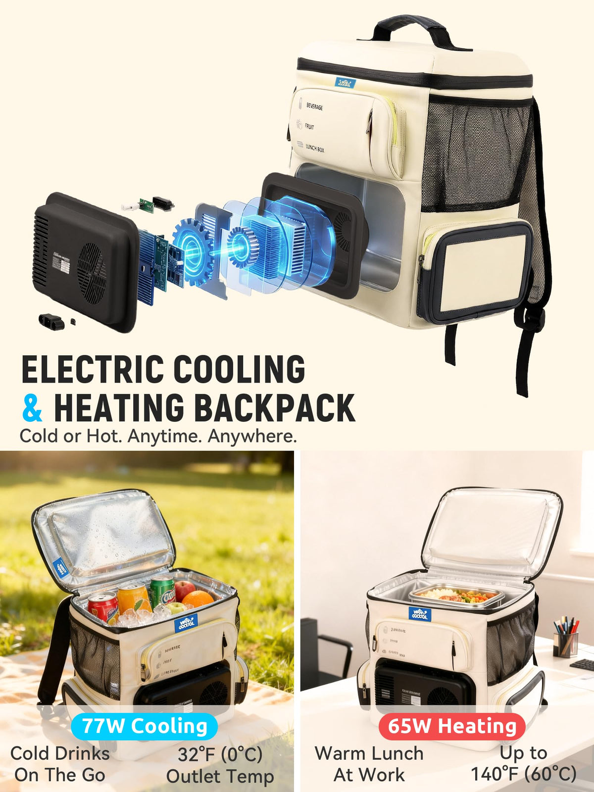 Portable Electric Cooler Bag 16Qt, 32°F Cooling & 140°F Warming, 12V Car Plug in Refrigerator Cooler with 110V AC Adapter for Camping, Travel & Road Trips