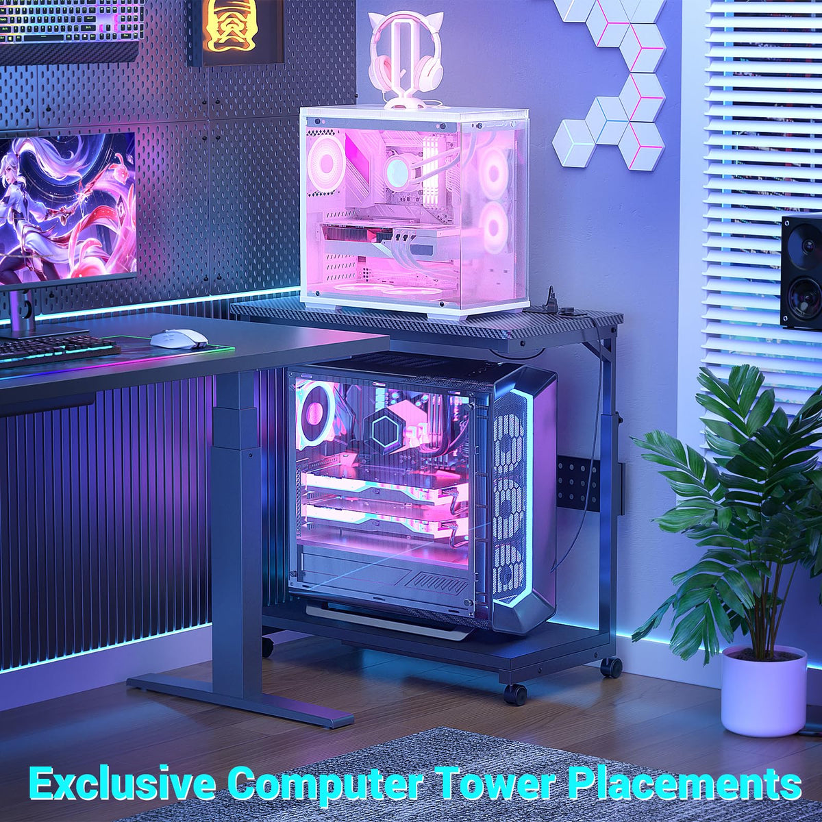 Besiost 32" Large Computer Tower Stand with Power Strips, 4 Levels Manual Height Adjustable PC Tower Stand for Under Desk, Mobile Rolling CPU Holder Computer Cart with Wheels, Carbon Fiber Black
