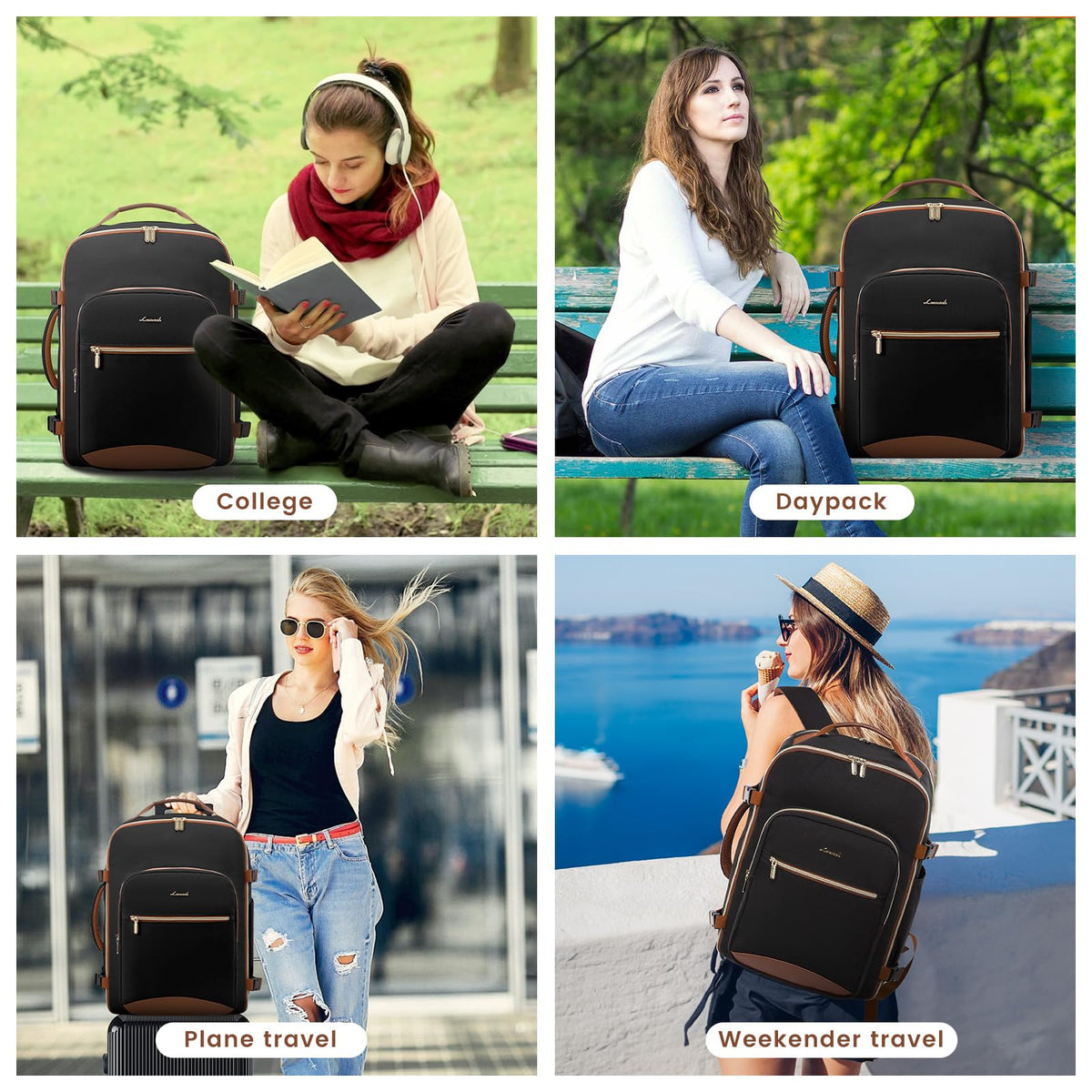 LOVEVOOK 40L Large Travel Backpack for Women Men, 17 Inch Carry on Backpack for Traveling on Airplane, Personal Item Bag Airline Approved, Business Causal Weekender Backpack, Black-Brown