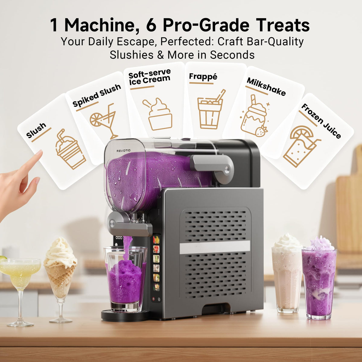 REVOTIO Slushie Machine for Home, 88 oz Slushy Machine, No Ice Needed Frozen Drink Maker with 6 Presets, Quiet, Auto-Clean, LED Display, Black, Perfect for Margaritas, Frappés, Milkshakes and More