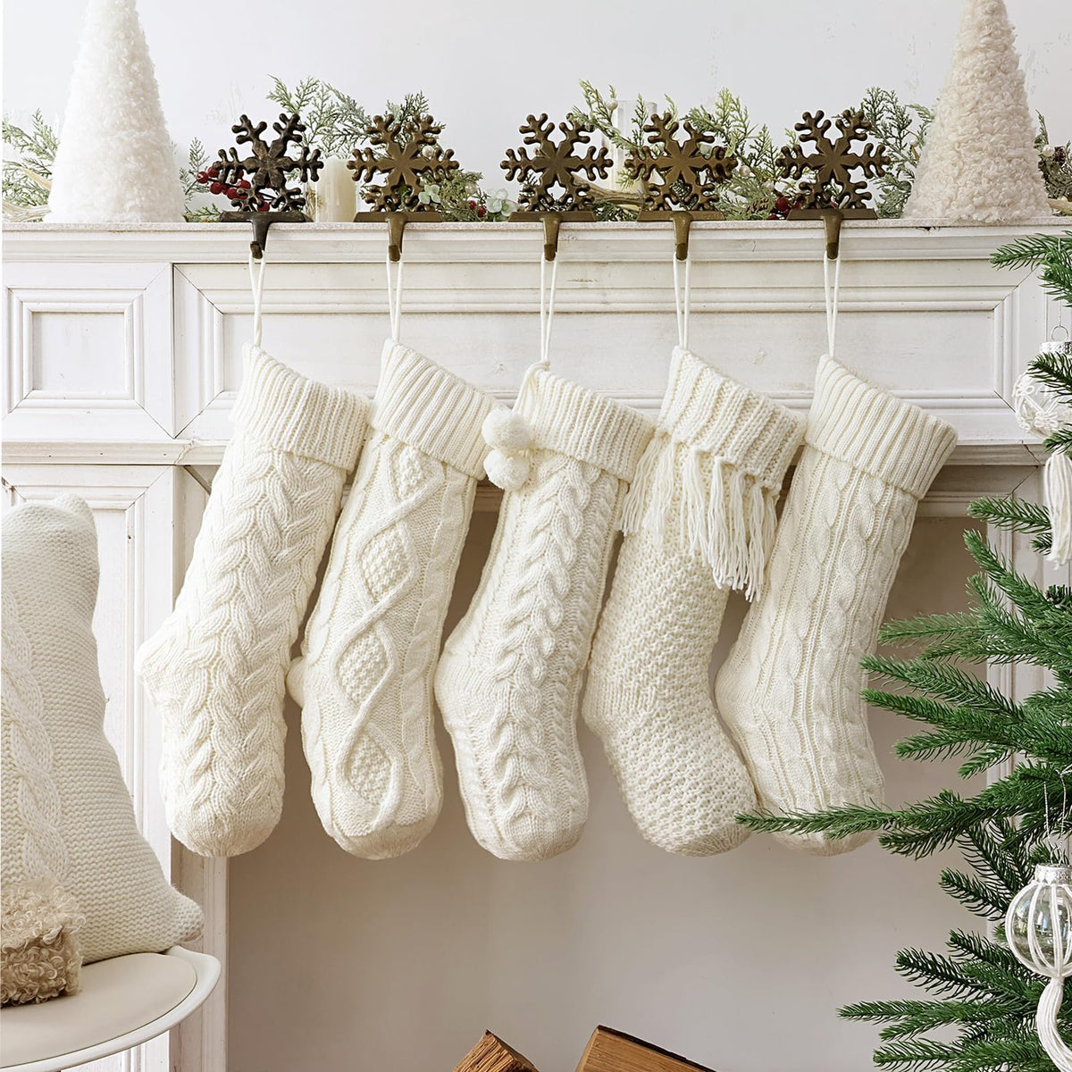 Farmhouse Knitted Personalized Christmas Stockings: 5 Pack 18 Inch Rustic Cable Knit Fireplace Cozy Hanging Xmas Stockings Boho Style Stocking Decorations for Family Holiday Décor, White Beige