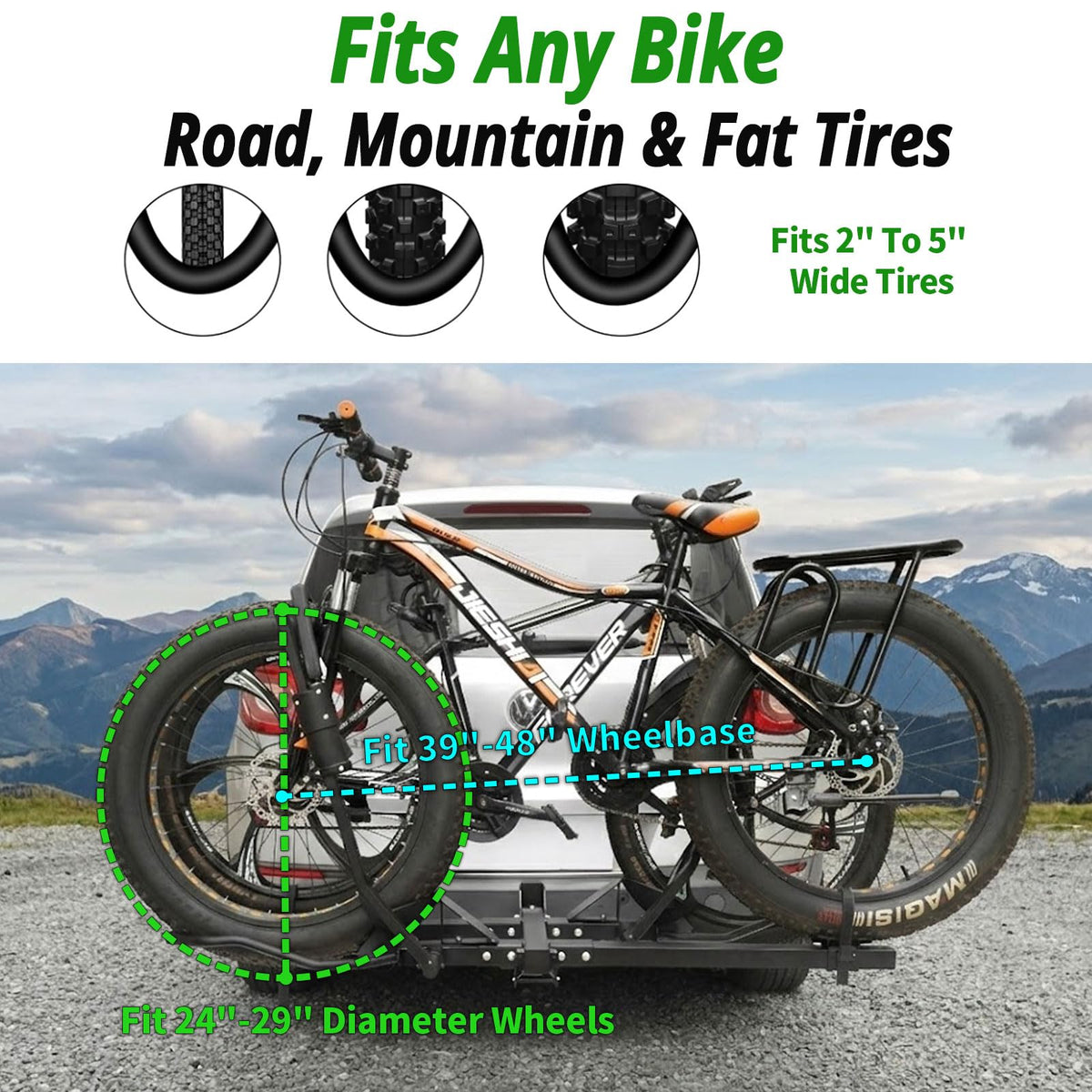 Bike Rack Hitch Mount with Ramp for 2 Bikes – Platform Ebike Rack Fits Fat Tires up to 150 lbs – Foldable & Tilt Electric Bike Rack for SUV, Truck, RV – 2 Inch Receiver