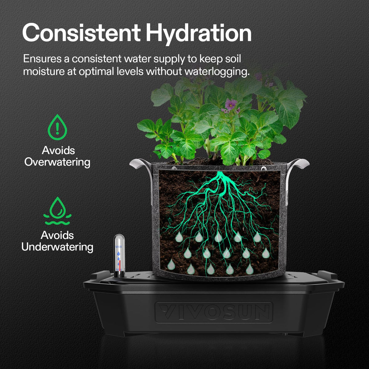 VIVOSUN 4-Pack FlexFeed Self-Watering Pots, Auto Irrigation Fabric Pot Base with Water Meter & Maintenance Window, for Use Indoors/Outdoors in Grow Tents, Greenhouses, Gardens