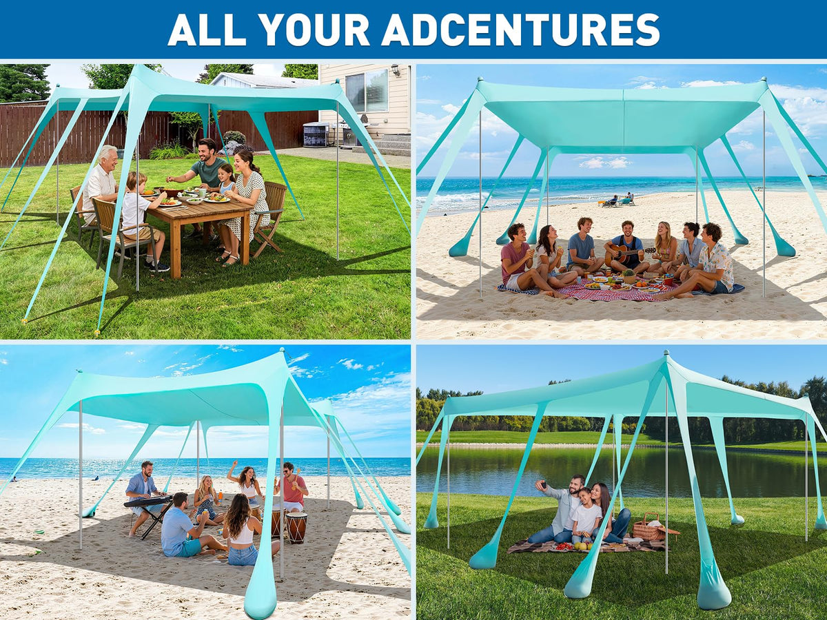 Beach Tent Sun Shelter 13x10FT, UPF50+ Outdoor Beach Shade Canopy with 10 Sandbags, Sand Shovel, Ground Pegs & Stability Poles, Beach Canopy Tent for Camping, Fishing, Picnics, Trips