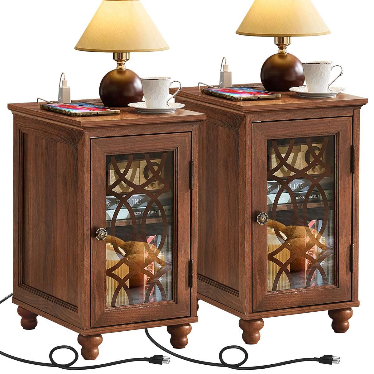 Joaxswe Narrow Side Table with Charging Station Set of 2, Night Stand with Glass Door,Bedside End Tables with Adjustable Shelf Storage Cabinet,Wood Nightstand for Small Spaces Living Room Bedroom