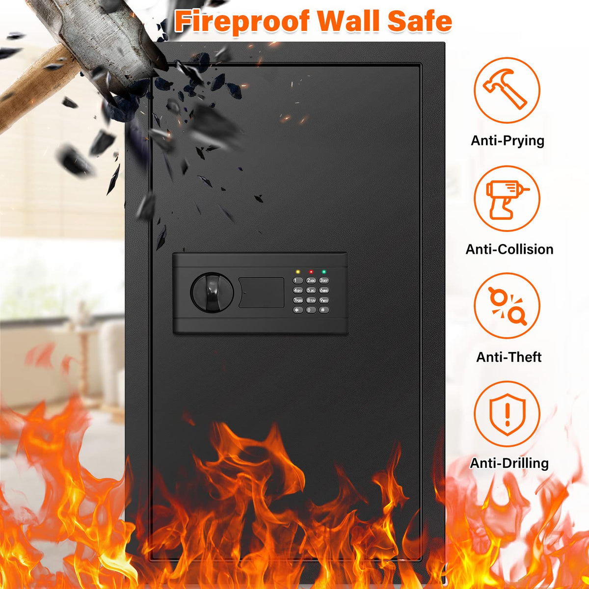 25.6" Tall Fireproof Wall Safes Between the Studs 16" Centers, Hidden Wall Safe with 2 Removable Shelf & Hidden Tray, Heavy Duty Wall Mount Safe for Money, Jewelry, Passport, Valuables