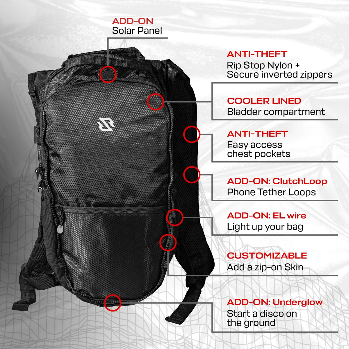 RAVERUNNER® Anti-Theft Hydration Backpack | Festival Approved Rave Backpack for Concert Goers, Leak-Free Festival Water Backpack for EDC, Rave Hydration Pack (Black)