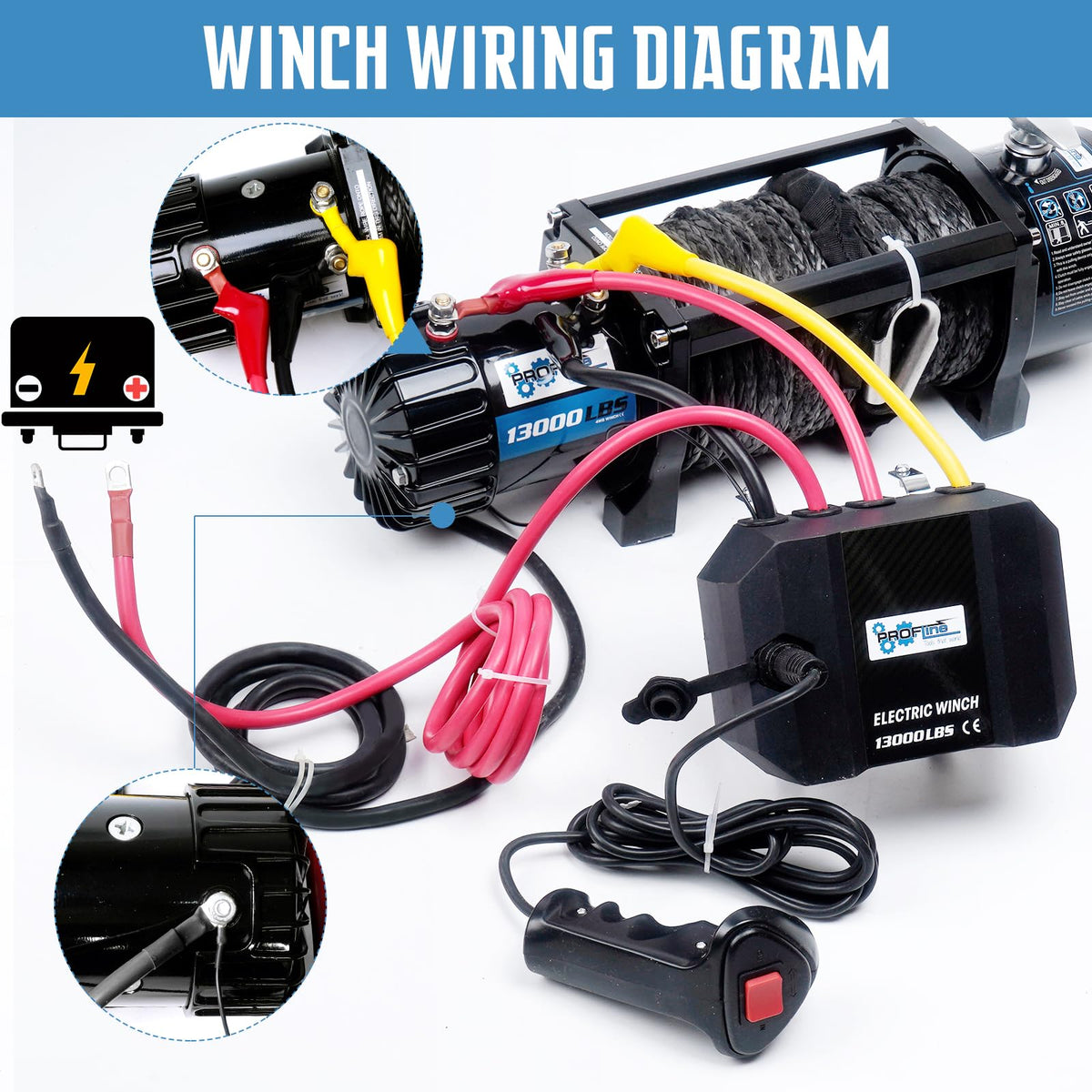 PROFLine Electric Winch 13000 lbs ATV Winch 12V with Synthetic Rope and Hook Truck Winch with Hawse Fairlead Remote Control for Towing UTV SUV Off Road Vehicle