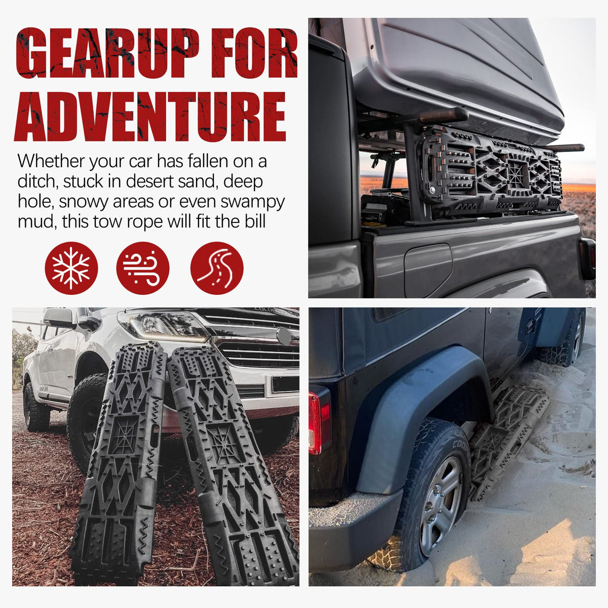 BUNKER INDUST Traction Boards with Jack Lift Base Black(Gen 2) + 3" x 30ft Tow Strap with Bag Recovery Kit