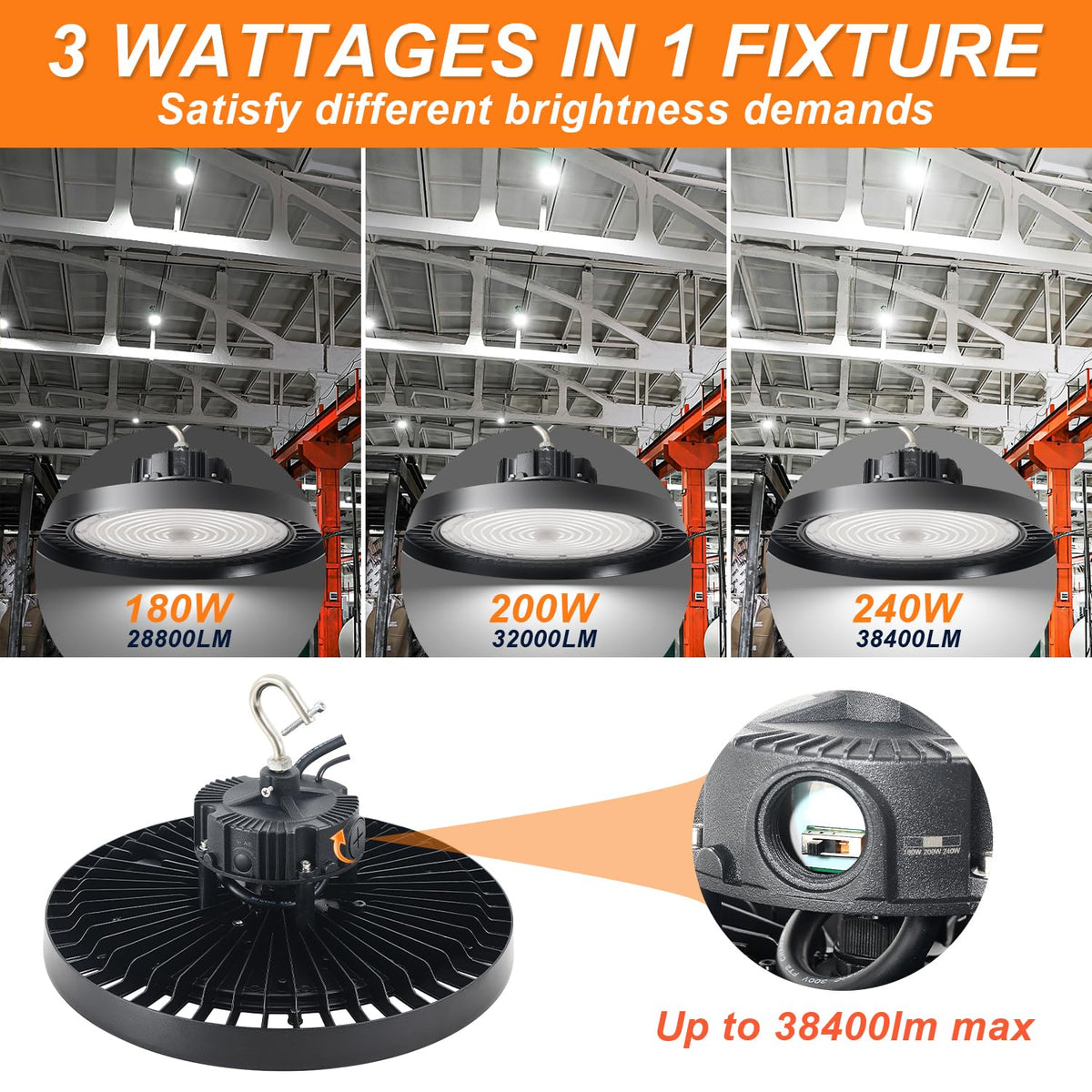480V UFO LED High Bay Light 240W 200W 180W Adjustable, 0-10V Dimmable 5000K High Bay LED Shop Lights (1000W MH/HPS Equivalent), IP65 Commercial Bay Lighting for Warehouse Factory, AC 277-480V