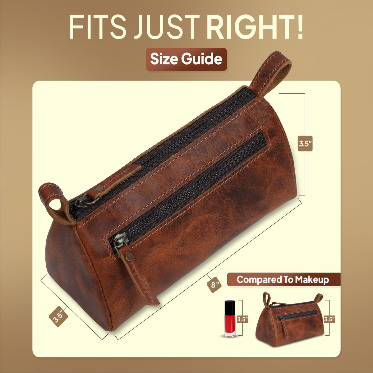 TheAntiq Leather Makeup Bag for Women – Genuine Leather Cosmetic Bag Travel, Handmade Zippered Makeup Pouch, Small Toiletry Bag, Shaving Kit & Stationery Organizer- Tan