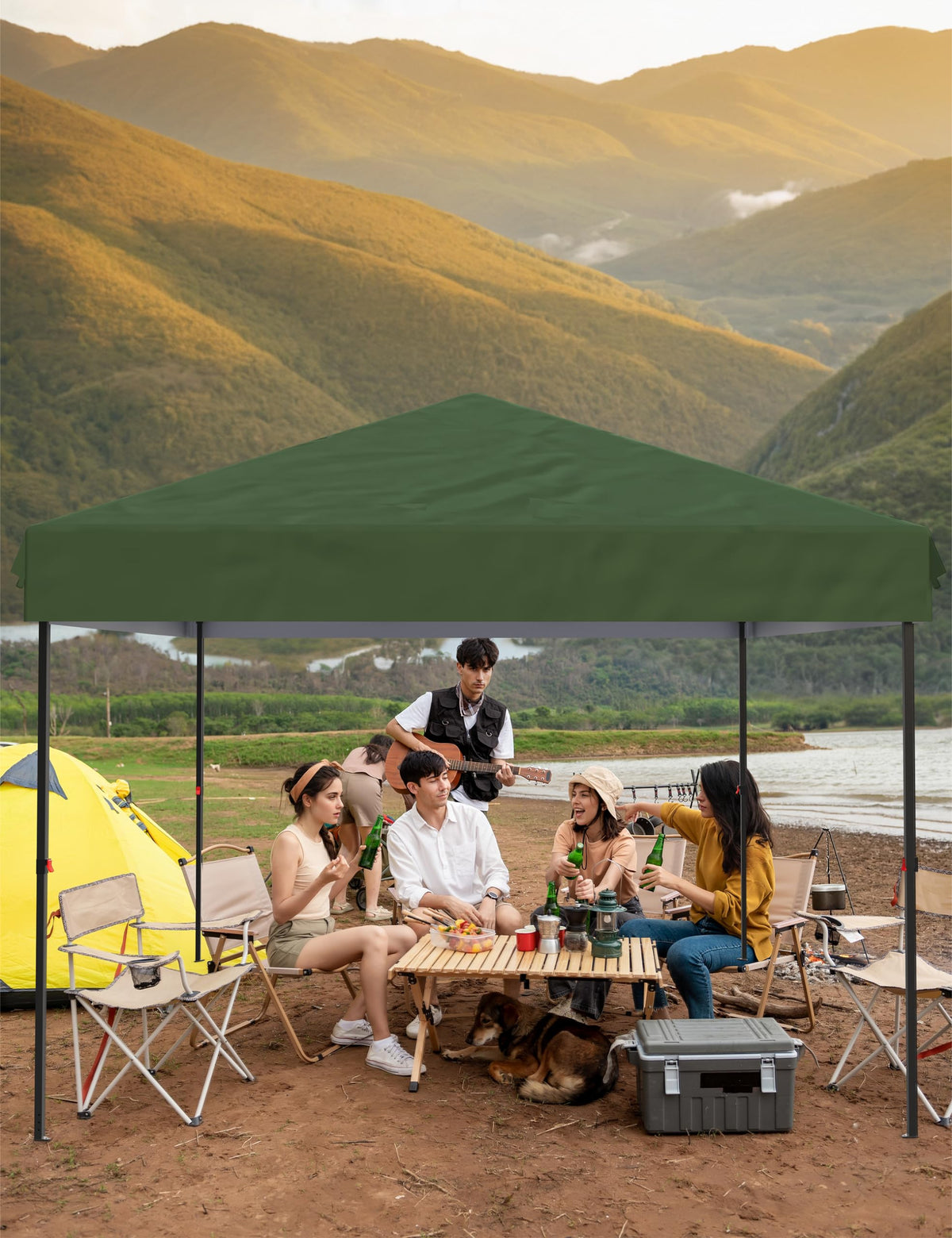 10x10 Pop Up Canopy with 3 Sidewalls - Outdoor Canopy Tent with Portable Roller Bag - One Button Push Setup, 3 Adjustable Height, 4 Weight Bags, 8 Stakes & 4 Guy Ropes Included, Green