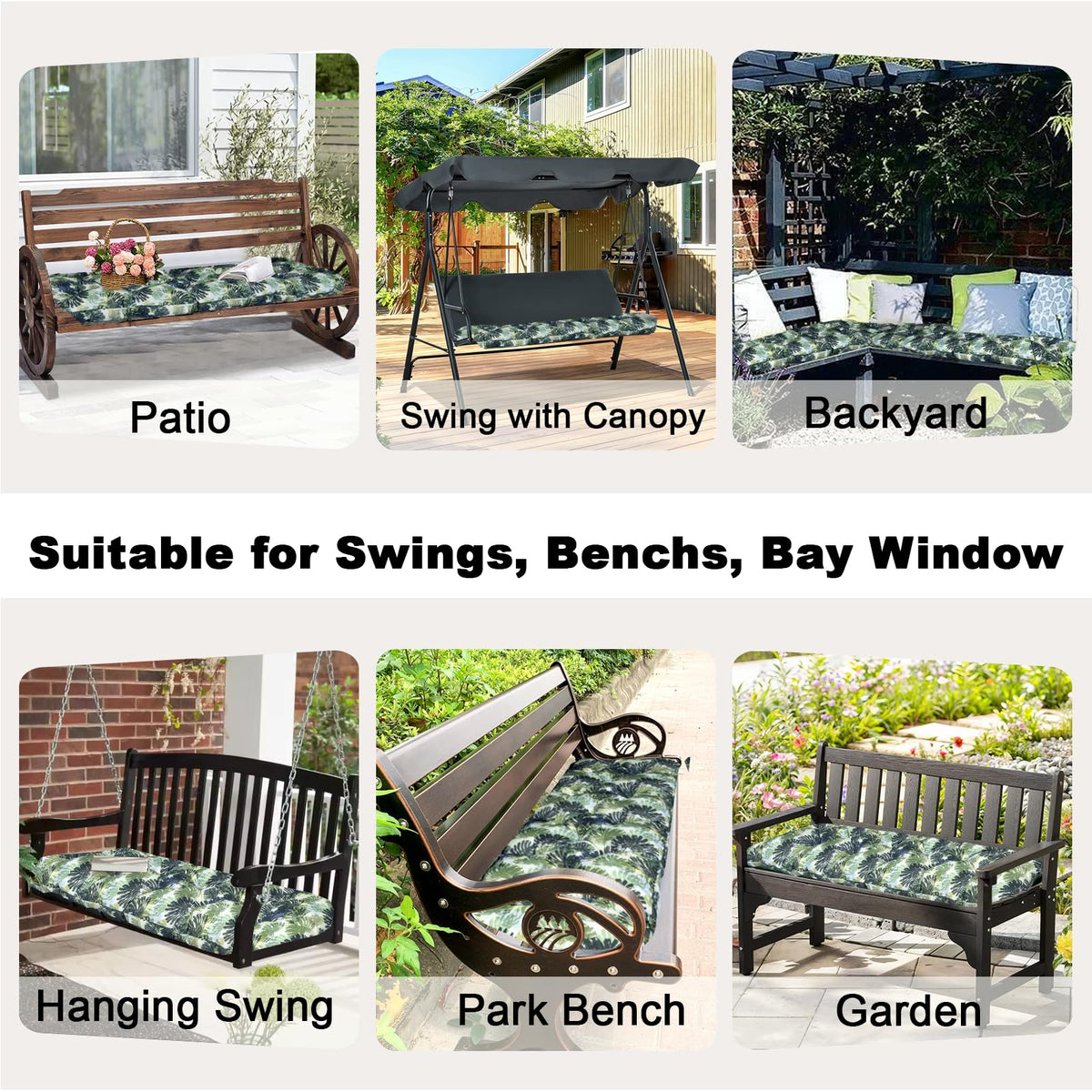 LCKJZYL Porch Swing Cushion 2-3 Seater Replacement, 60*20*4in Waterproof & Fade-Resistant Outdoor Bench Seat Cushion with Strips, Versatile Swing Pads for Camping, Beach, Garden, Patio, Balcony (Palm)