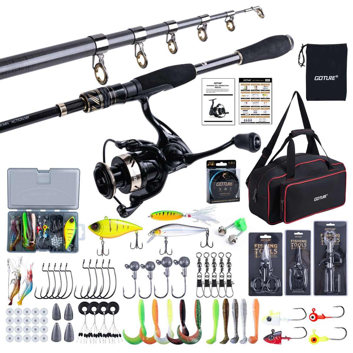Goture Fishing Rod and Reel Combo - 7FT Carbon Fiber Telescopic Fishing Pole - Spinning Reel 9+1 Shielded Bearings Stainless Steel BB - A
