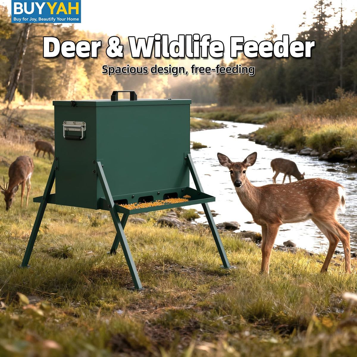 BUYYAH 90-110lb Deer Feeder, Heavy Duty Metal Hunting Game Feeder, Weatherproof Wildlife Feeders for Hunting, Gravity Deer Feeder Automatic Dispenser Feeds Protein and Corn, Green