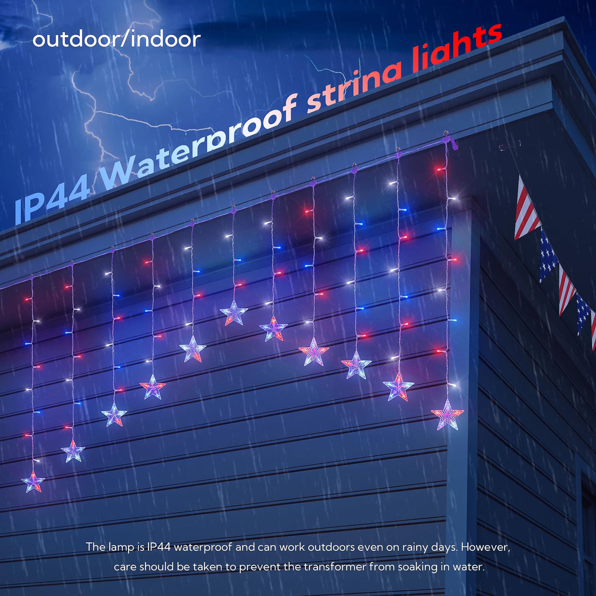 4th of July Patriotic Star Icicle Lights,red White and Blue Curtain String,11.5ft 118LED Waterproof 8 Modes with Timer Connectable Independence Day Decorations Window Lights for Outdoor Indoor