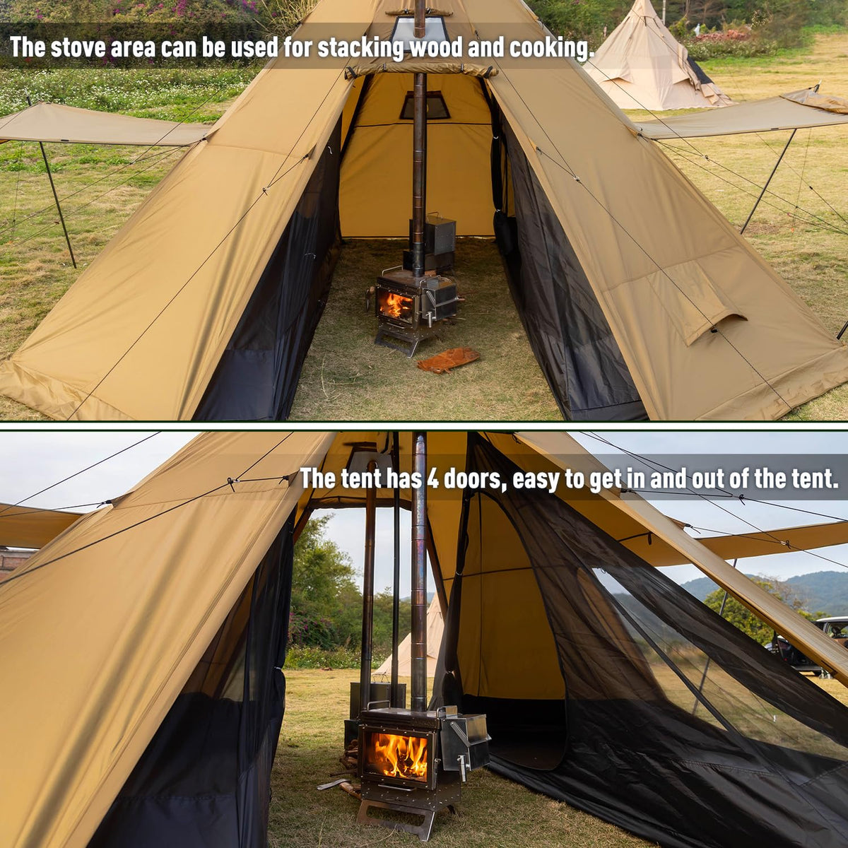 POMOLY Tipi Tent Camping Hot Tents, Bromance 70 Pyramid with 3 Stove Jacks for 2-4 Person Hiking Hunting (with Inner Tent)