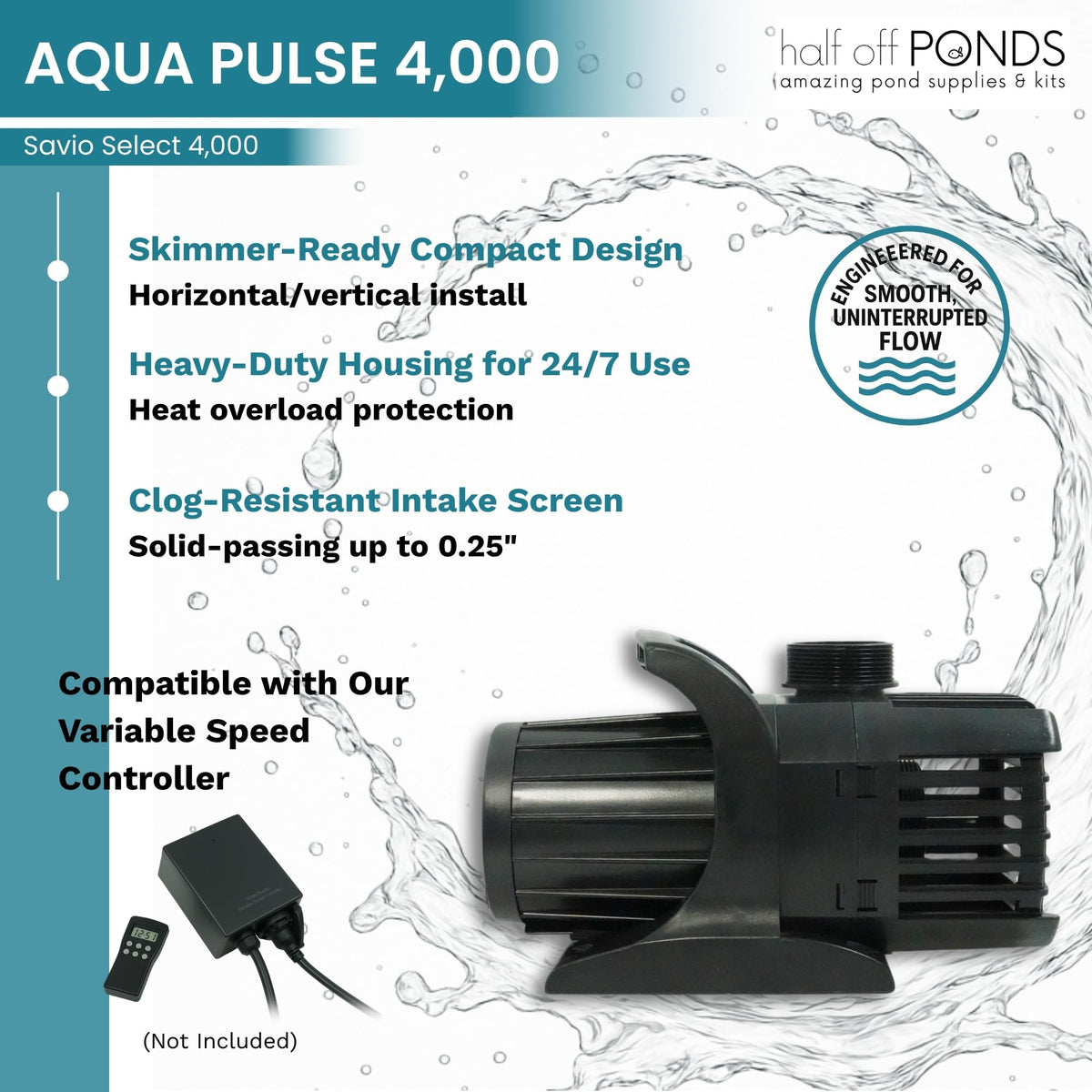 HALF OFF PONDS Savio Select 4,000 GPH Submersible Pump Pond Kit with 20' x 25' EPDM Rubber Pond Liner, UV Clarifier for Water Garden & Koi Pond