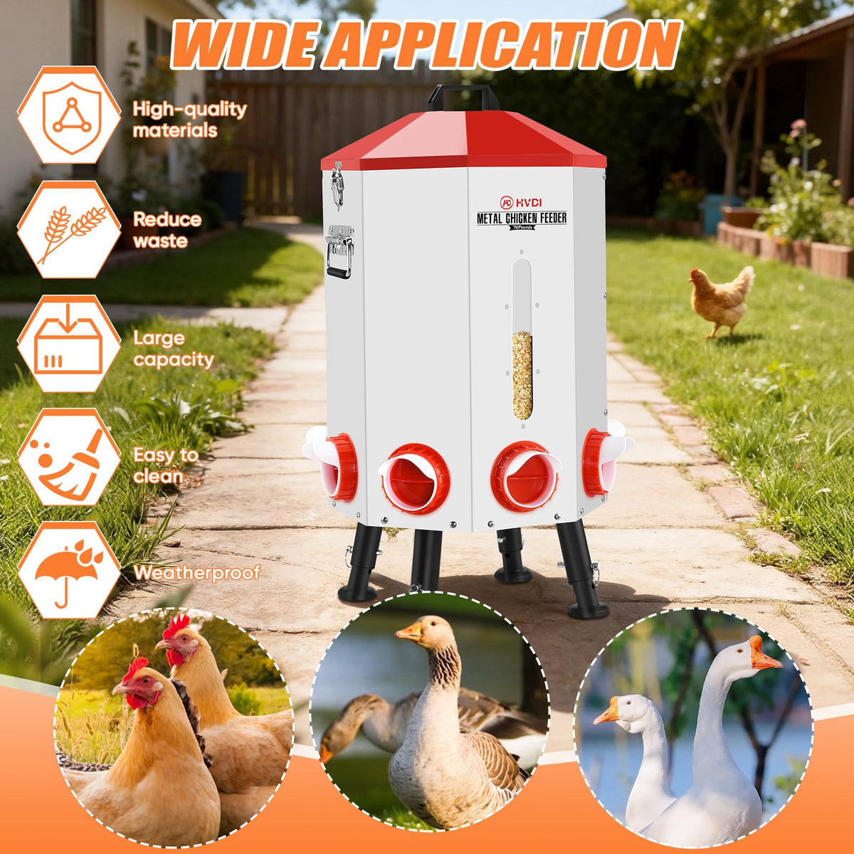 70lbs - 80lbs Large Automatic Chicken Feeder, Adjustable Stand, 8 Feeding Ports, Viewing Window, Sloped Roof Rain Protection Design