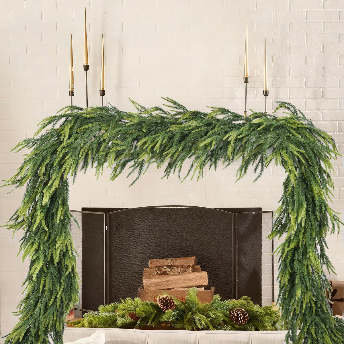 Lvydec Christmas Norfolk Pine Garlands, 6ft Real Touch Artificial Pine Garlands Greenery Faux Cedar Garland for Mantle, Holiday Indoor Outdoor Fireplace Winter Decor