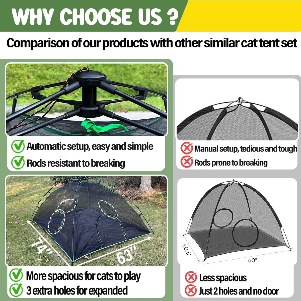 Pawtenda Cat Tents for Outside, Green Outdoor Cat Enclosures, Foldable Pet Playpen with Tunnels for Outside, Portable 4-in-1 Catio Including 2 Tents and 2 Tunnels