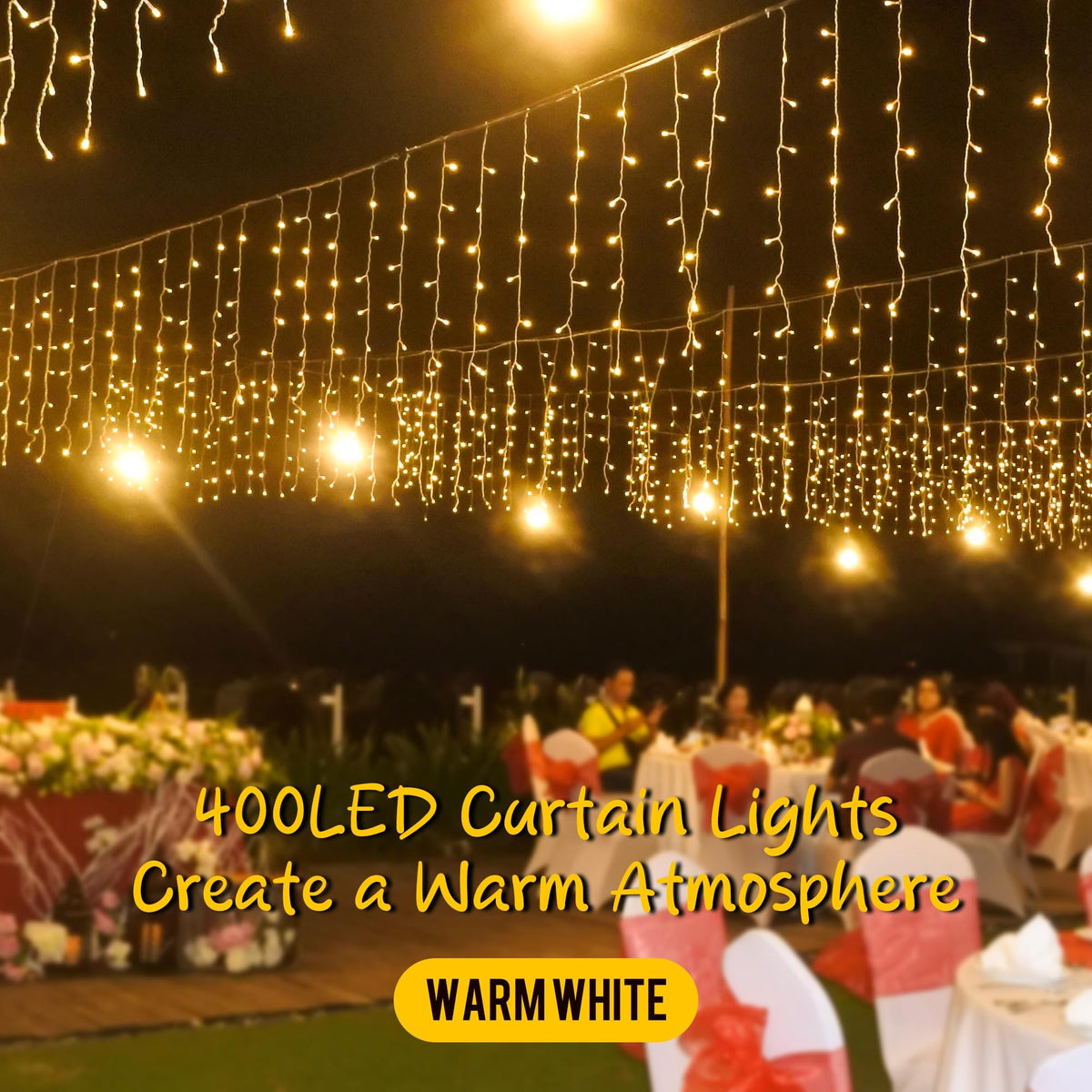 kemooie 400 LED Outdoor Curtain Lights, 26.2FT x 3.3FT Curtain String Lights with 8 Shining Modes for Indoor Ceremony Birthday Christmas Party Bedroom Balcony Roof Decorations (Warm White)